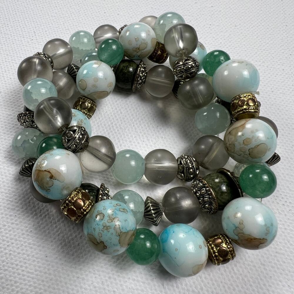 Handmade Beaded Bracelet Trio Earthy Color Theme  Mixed Metal Beads Browns Blues